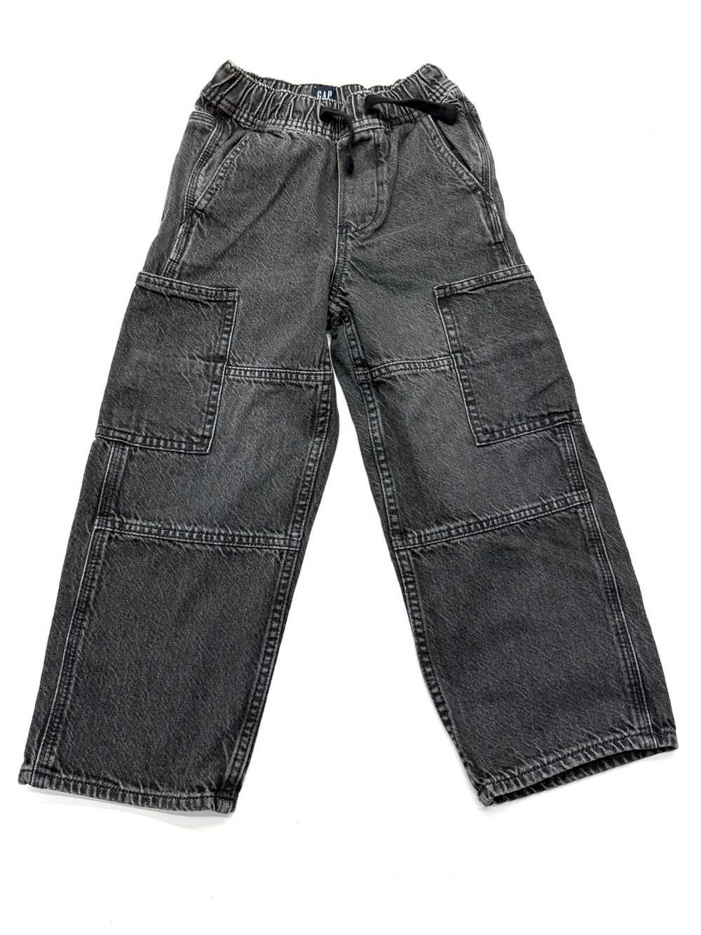 GAP Kids Black Washed Cargo Jeans Baggy Relaxed Fit Elastic Waist Drawstring